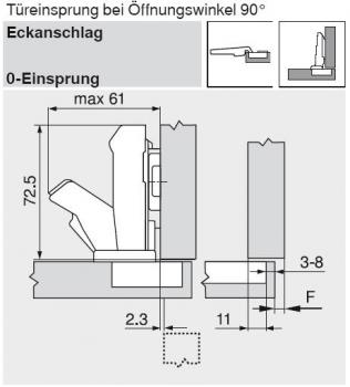 CLIP top Weitwinkelscharnier für 0-Einsprung 155°, Eckanschlag, ohne Feder, Topf: INSERTA, onyxschwarz, 70T7590.TL